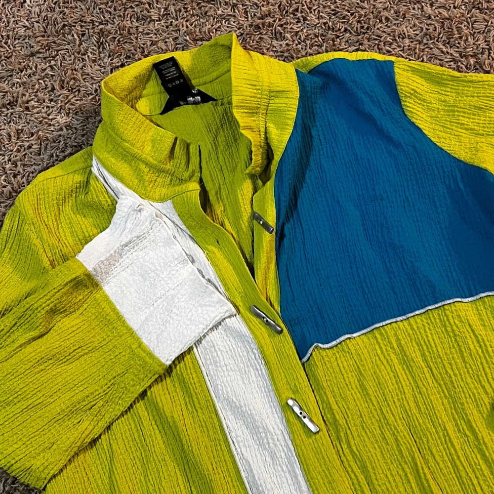 Ali Miles Textured‎ Colorblock Shirt Top Lime Green Blue White Women's 1X